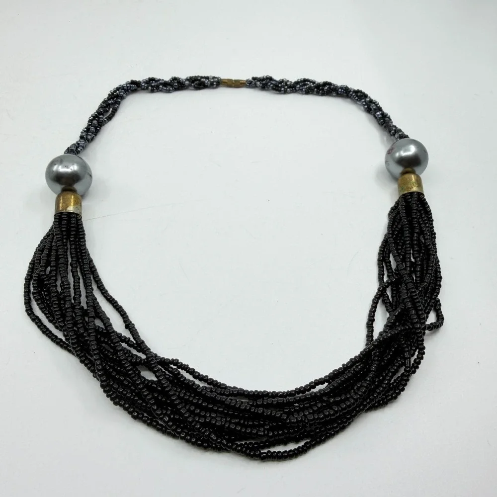 Necklace Black Seed Bead Multi Strand Gray Faux Pearl Boho Statement Collar Gold